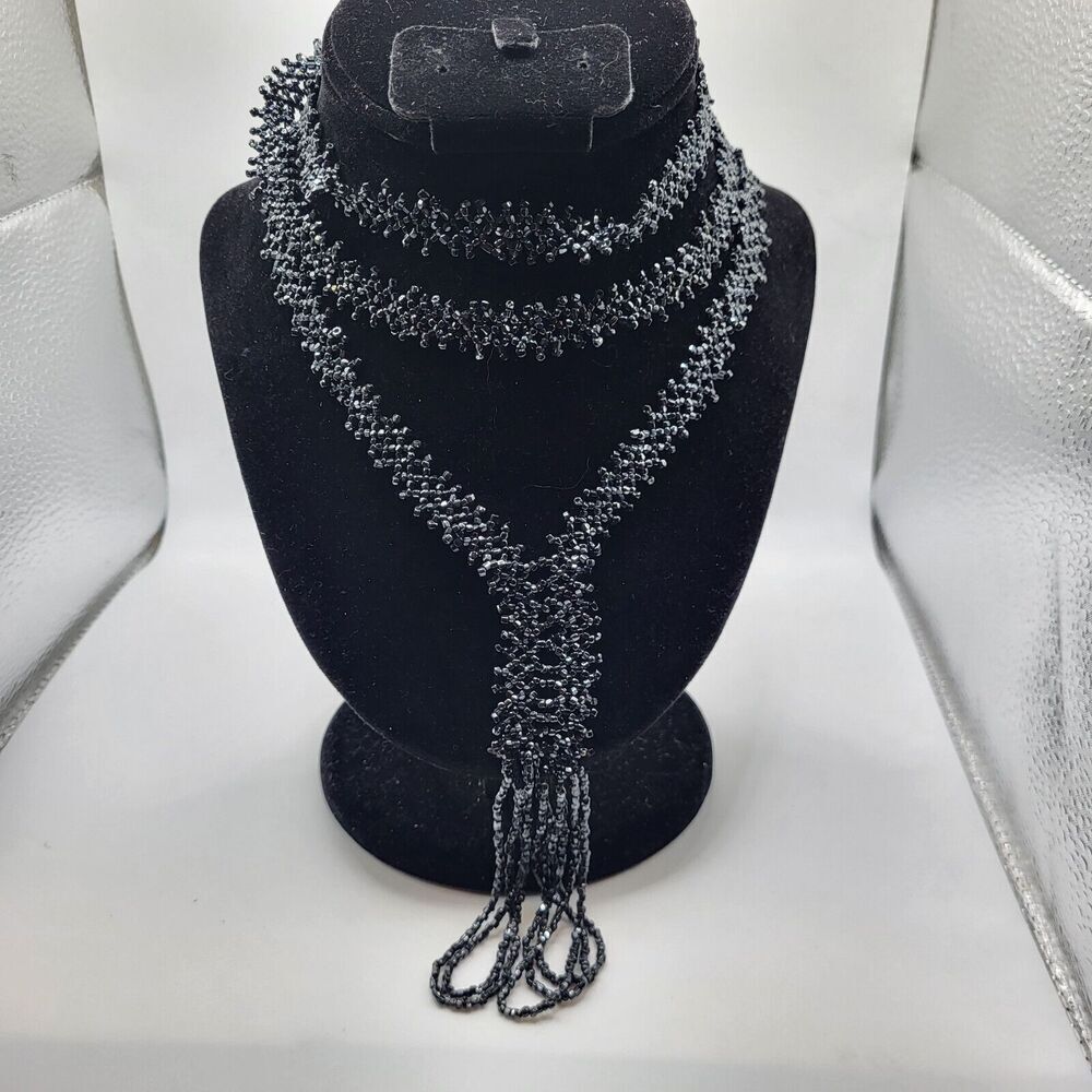 Antique Handmade Woven Beaded Extra Long Bolo Style Fringe Necklace 52 in